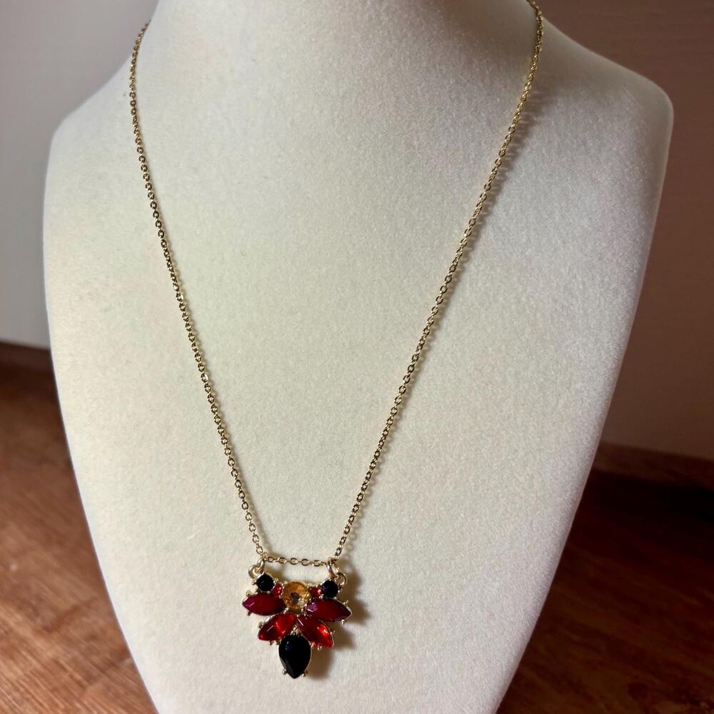 Bold Red and Black Gemstone Cluster Necklace on Gold Chain